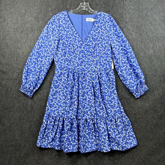 Eliza J Dress Women's 6 Blue Printed Cherry Print 3/4 Balloon Sleeve Fit & Flare - Picture 1 of 9